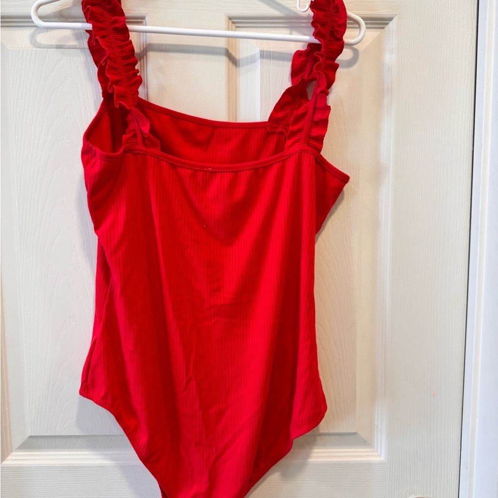Red Ruffled Strap Bodysuit leotard - Picture 2 of 4
